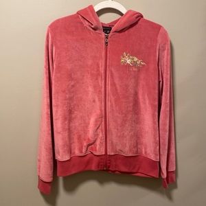 BCBGMAXAZRIA Vintage Embroidered Pink Velour Zip Up Hoodie